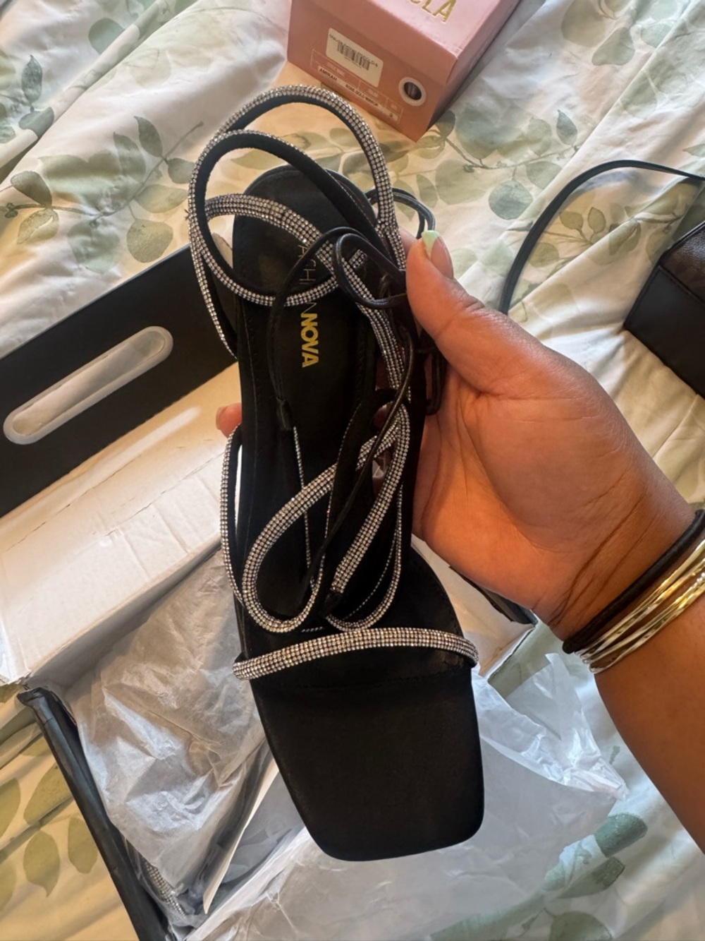 Fashion Nova Black Rhinestone Wrap Heel Sandal